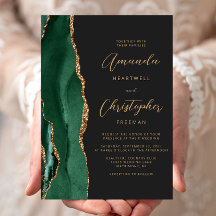 Chic Emerald Green Gold Agate Script Dark Wedding