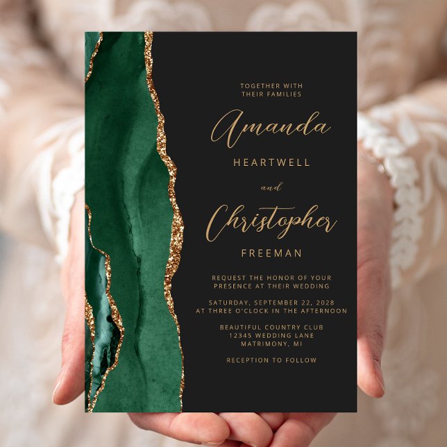 Invitación Chic Emerald Green Gold Agate Script Dark Wedding (Subido por el creador)