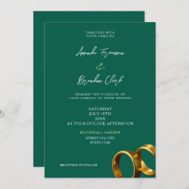 Invitación Chic Emerald Green Gold Rings Wedding