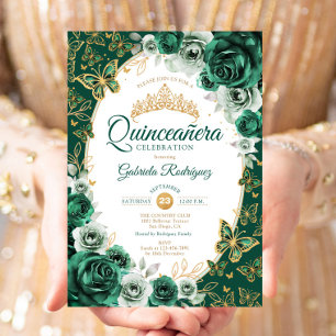 Invitación Chic Esmeralda Verde Dorado Floral Quinceañera