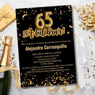 Invitación Chic Español Cumpleaños 65 Negro y Dorado Confeti