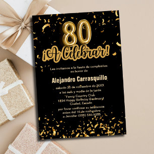Invitación Chic Español Cumpleaños 80 Negro y Dorado Confeti