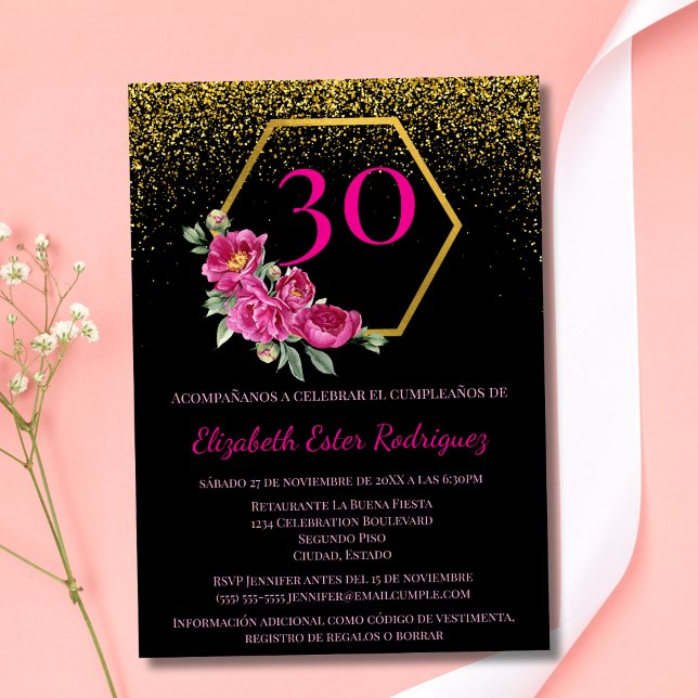 Invitación Chic Español Oro Negro Rosa Cumpleaños 30 (Subido por el creador)