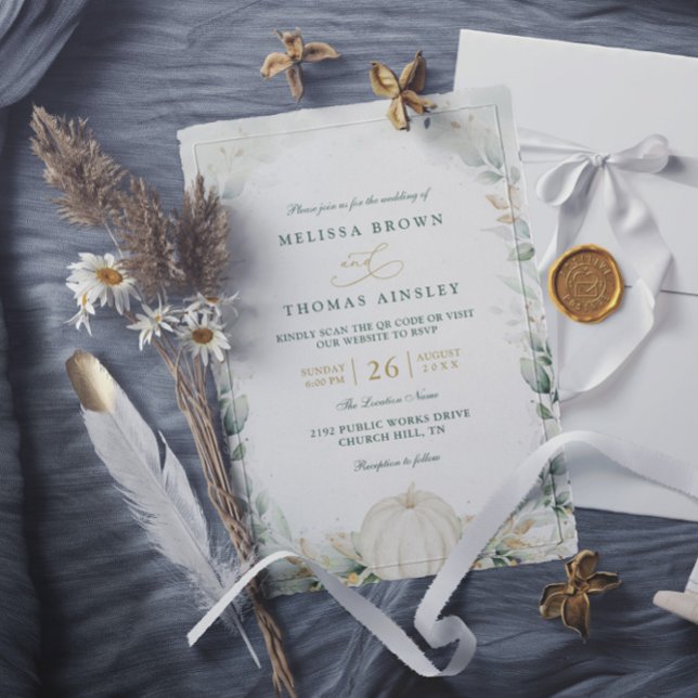 Invitación Chic Fall in Love Pumpkin Greenery QR Code Wedding (Subido por el creador)