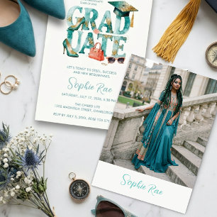Invitación Chic Fashion Teal Gold Glitter Watercolor Graduate