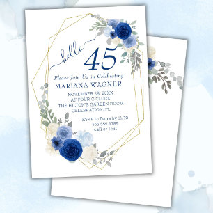 Invitación Chic Femenino Cumpleaños 45 Años Floral Azul Marin
