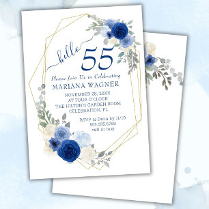 Invitación Chic Femenino Cumpleaños 55 Años Floral Azul Marin