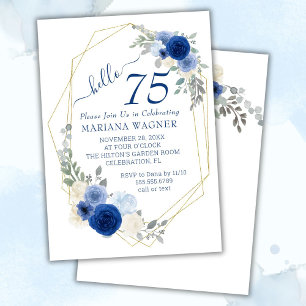 Invitación Chic Femenino Cumpleaños 75 Años Floral Azul Marin