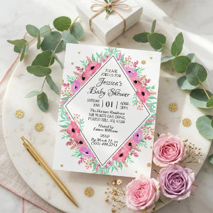 Invitación Chic Fiesta de Agua de Acuarela Floral para el Beb