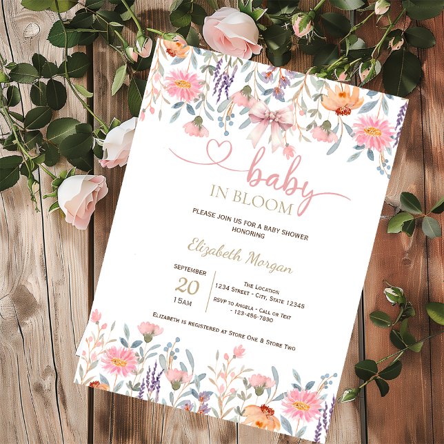 Invitación Chic Fiesta de Bebé con Lazo y Flores Silvestres R (Subido por el creador)