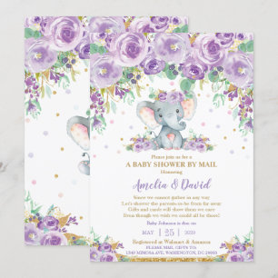 Invitación Chic Fiesta de Bebé de Elefante Floral Púrpura por