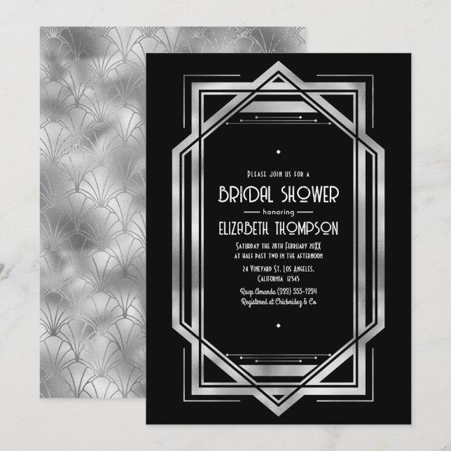 Invitación Chic Fiesta de Despedida de Soltera Negra y Platea (Anverso / Reverso)
