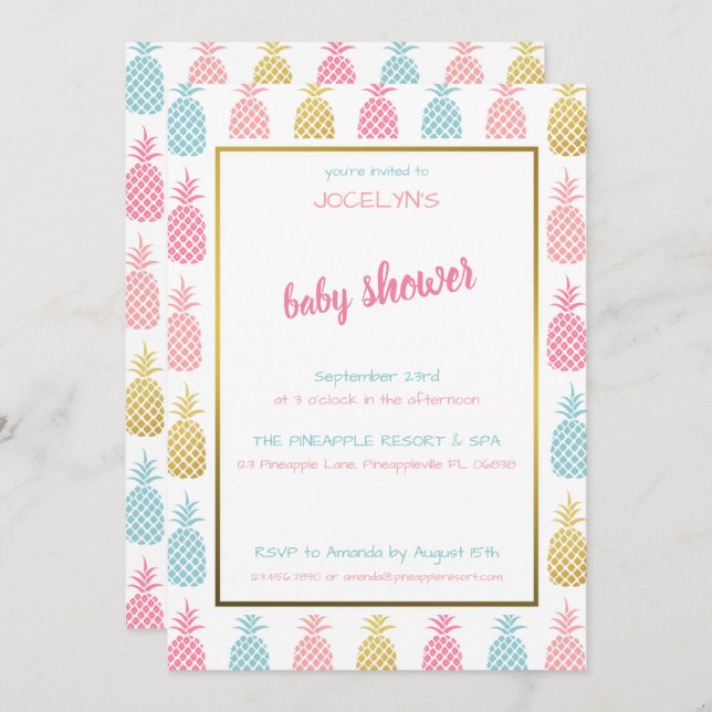 Invitación Chic Fiesta Tropical Piña Baby Shower (Anverso / Reverso)