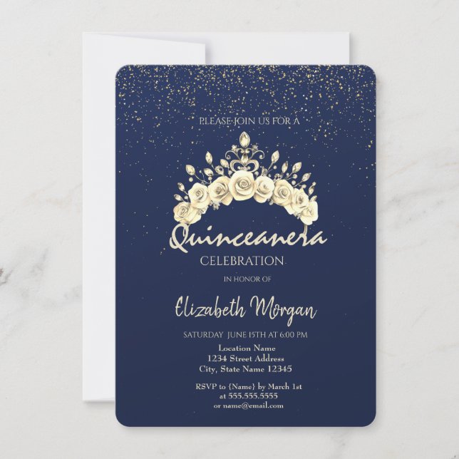 Invitación Chic Floral Crown Navy Blue Gold Quinceañera  (Anverso)