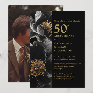 Invitación Chic Floral Negro y Dorado Fotografía de Aniversar
