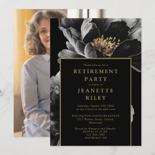 Invitación Chic Floral Negro y Dorado para Fiesta de Jubilaci