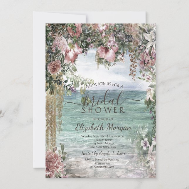 Invitación Chic Flores Océano  Desayuno de novia  (Anverso)