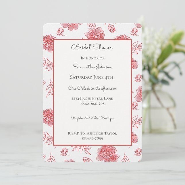 Invitación Chic Flores Rojas Despedida de Soltera   (Anverso de pie)