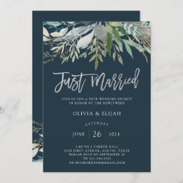 Invitación Chic Foliage | Azul oscuro recién casados