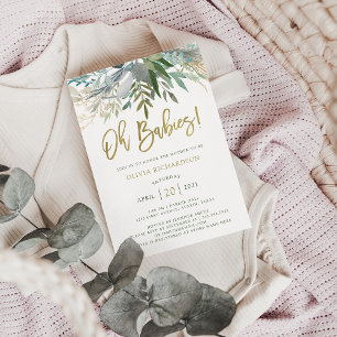 Invitación Chic Foliage Twins Baby Shower and Gold Script