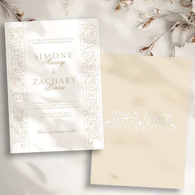 Invitación Chic Formal Ecru Scrollwork Border Wedding (Subido por el creador)