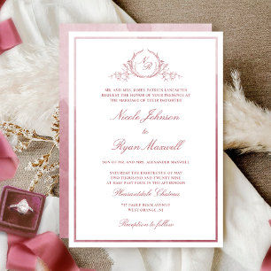 Invitación Chic Formal Monogram Burgundy Watercolor Wedding