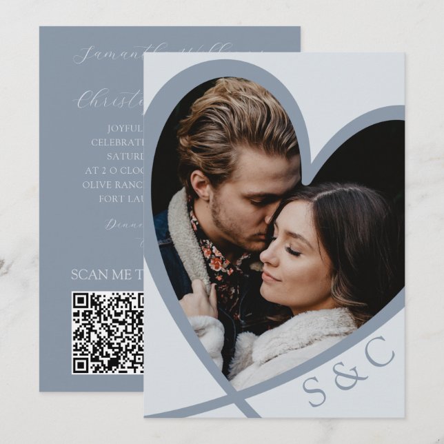 Invitación Chic Foto Corazón Polvoriento Azul Boda  (Anverso / Reverso)