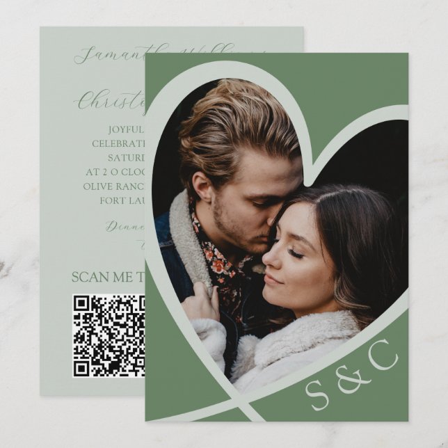 Invitación Chic Foto Corazón Verde Menta Boda (Anverso / Reverso)