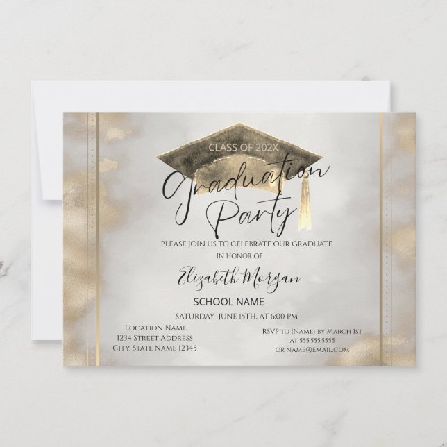 Invitación  Chic Frame Grad Cap Gold Graduation  (Anverso)