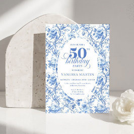 Invitación Chic French Toile de Jouy Blue Roses 50th Birthday