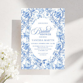 Invitación Chic French Toile de Jouy Blue Roses Bridal Shower