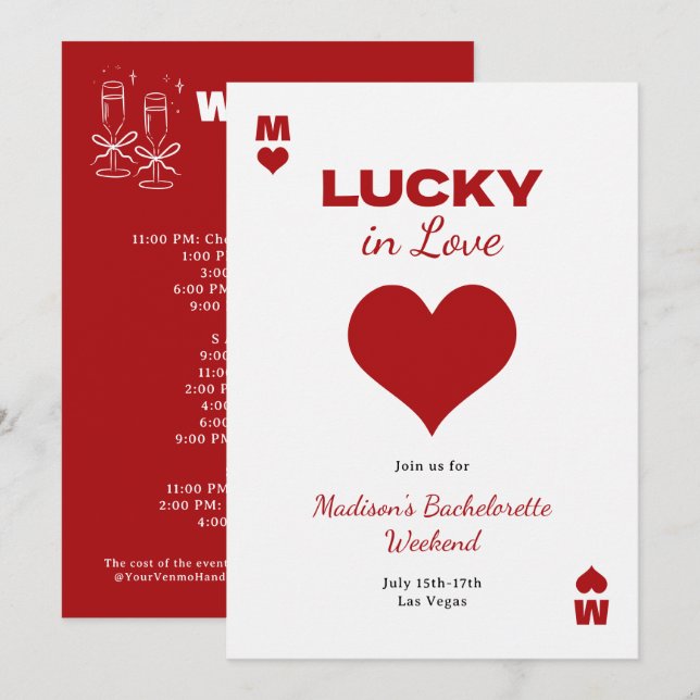 Invitación Chic Fun Red Lucky In Love Bachelorette Itinerary (Anverso / Reverso)