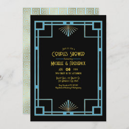 Invitación Chic Gatsby Art Deco Blue & Gold Couples Shower