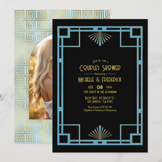 Invitación Chic Gatsby Art Deco Blue & Gold Couples Shower (Anverso / Reverso)