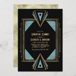 Invitación Chic Gatsby Art Deco Blue & Gold Rehearsal Dinner