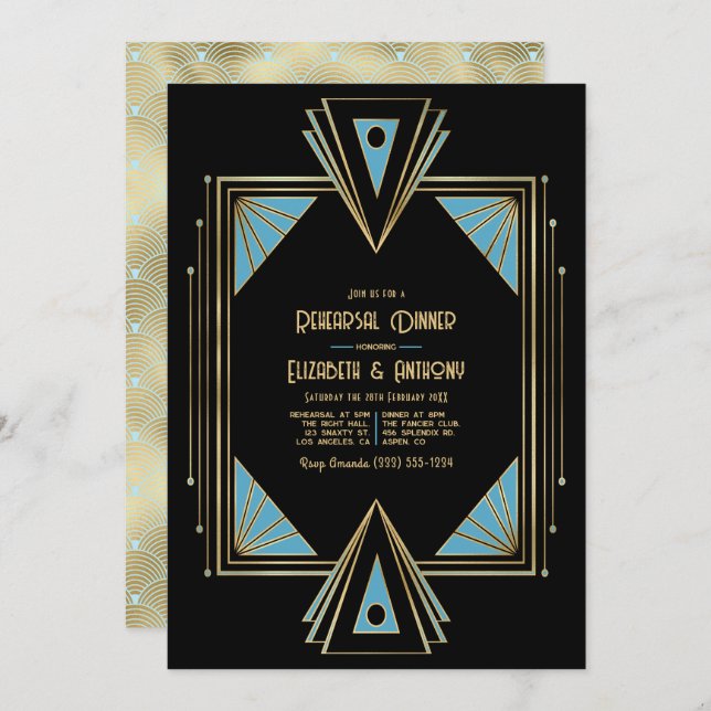 Invitación Chic Gatsby Art Deco Blue & Gold Rehearsal Dinner (Anverso / Reverso)