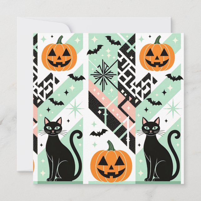 Invitación Chic Geometric Pastel Black Cat Pumpkin Halloween (Anverso)