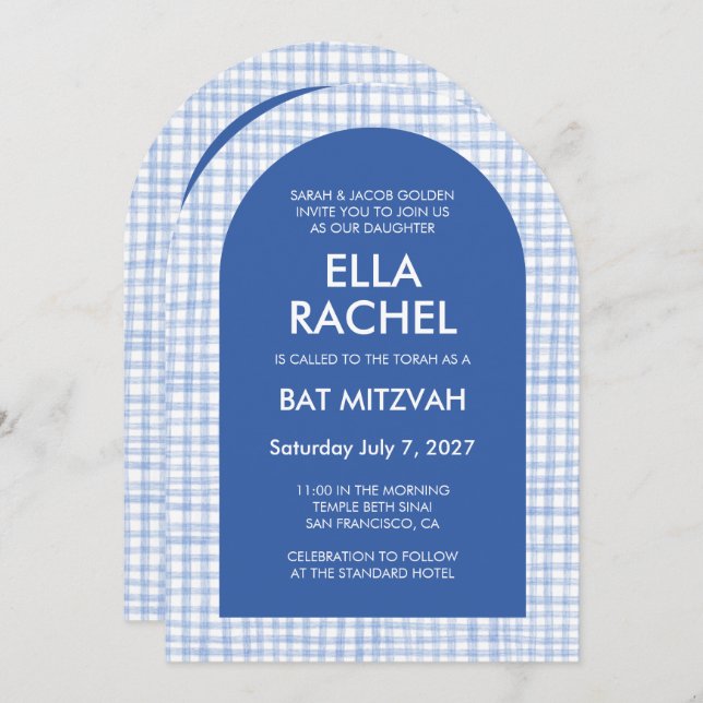 Invitación Chic Gingham Modern Custom QR Bat Bar Mitzvah Arch (Anverso / Reverso)