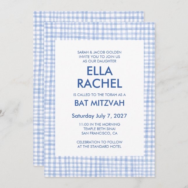 Invitación Chic Gingham Modern Custom QR CODE Bat Bar Mitzvah (Anverso / Reverso)