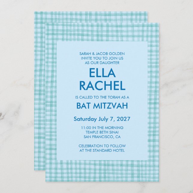 Invitación Chic Gingham Modern Custom QR CODE Bat Bar Mitzvah (Anverso / Reverso)