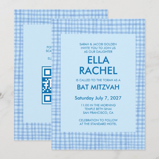 Invitación Chic Gingham Moderno Código QR Personalizado Bar M (Anverso / Reverso)