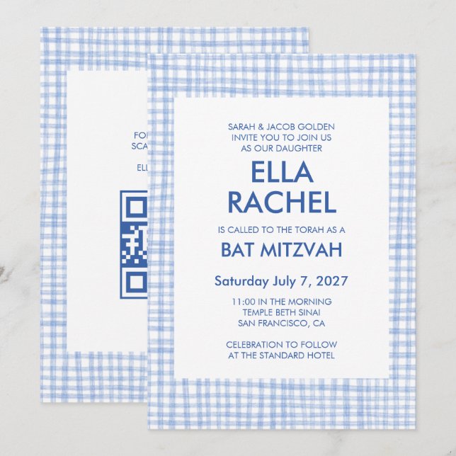 Invitación Chic Gingham Moderno Código QR Personalizado Bar M (Anverso / Reverso)
