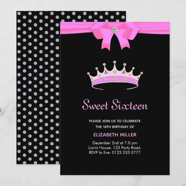 Invitación Chic Glitter Diamond Crown Sweet Sixtee (Anverso / Reverso)