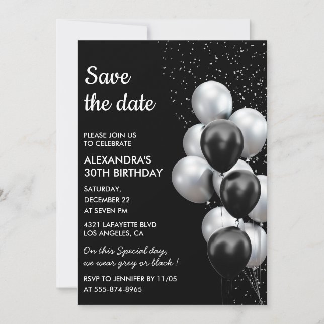 Invitación Chic Globo Gris Negro 30 Cumpleaños Salva la Fecha (Anverso)