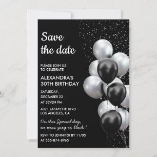 Invitación Chic Globo Gris Negro 30 Cumpleaños Salva la Fecha