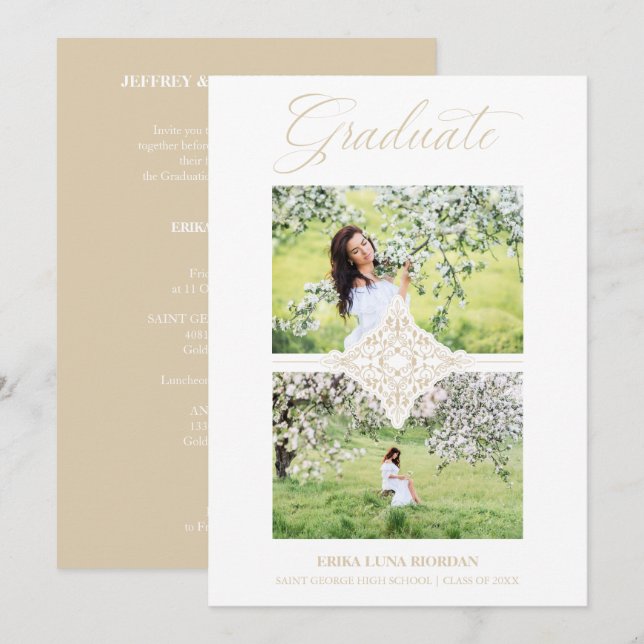 Invitación Chic Gold 2 Photos Ornament Sophisticated Graduate (Anverso / Reverso)