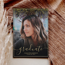 Invitación Chic gold confetti border script photo graduation