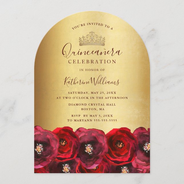 Invitación Chic Gold Crown Red Rose Floral Quinceañera  (Anverso)