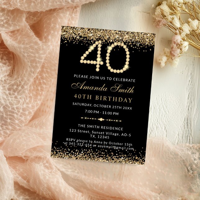 Invitación Chic Gold Diamonds 40th Birthday Party Invitation (Gold Diamond 40th Birthday Party Invitation)