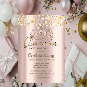 Invitación Chic Gold Dots, Tiara Floral Quinceañera